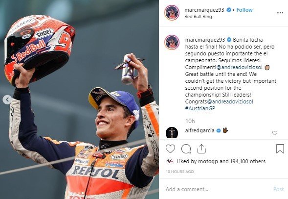 Marc Marquez Usai MotoGP Austria. (Instagram/marcmarquez93)