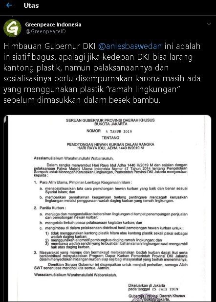 Cuitan Greenpeace soal larangan penggunaan kantong plastik. (Twitter/@Greenpeace)