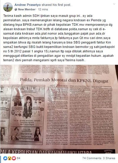 Beli Mobil Lelang Eks Pemda, Pria Gugat Polda, Pemkab Ternate dan KPKLN. (Facebook/Andre Prasetyo)