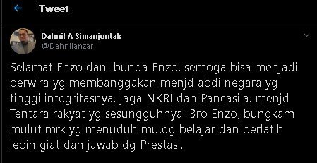 Cuitan Dahnil Anzar Simajuntak soal Enzo yang dipertahankan TNI AD. (Twitter/@Dahnilanzar)