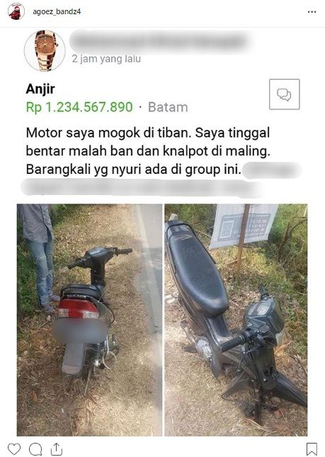 Motor ditinggal karena mogok, ban dan knalpot dicuri. (Instagram/@agoez_bandz4)