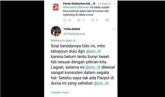 Bidik layar cuitan mantan Koordinator Relawan IT BPN Prabowo-Sandiaga, Mustofa Nahrawardaya yang turut berkomentar soal cuitan akun PSI. (Twitter)