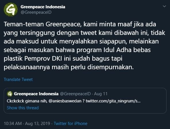 Kicauan Greenpeace Indonesia. (Twitter)