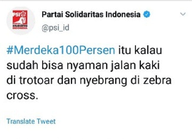 Bidik layar cuitan PSI soal nyaman jalan kaki di trotoar. (Twitter)