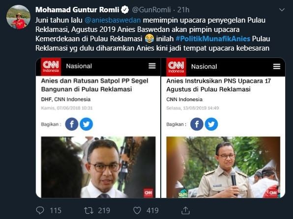 Kicauan Guntur Romli yang menyerukan tagar #PolitikMunafikAnies. (Twitter/@GunRomli)