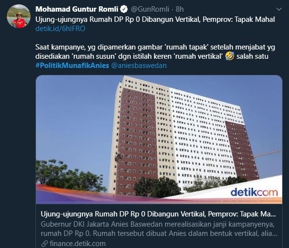 Kicauan Guntur Romli yang menyerukan tagar #PolitikMunafikAnies. (Twitter/@GunRomli)