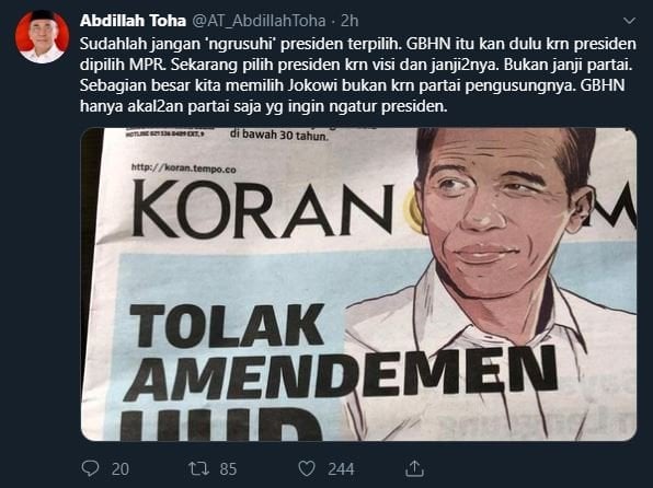 Kicauan Abdillah Toha soal wacana GBHN. (Twitter/@AT_AbdillahToha)