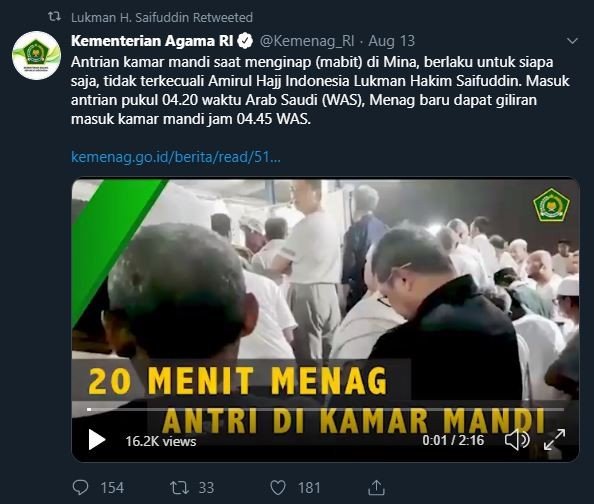 Video Menteri Agama antre WC di Mina. (Twitter)