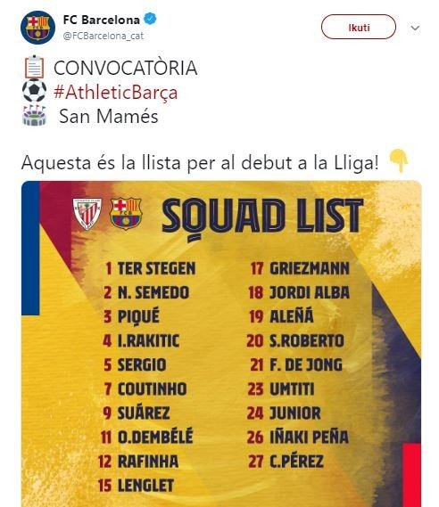 List pemain Barcelona melawan Athletic Bilbao. (Twitter/@FCBarcelona_cat).
