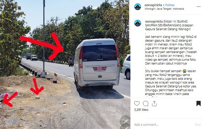 Mobil pelat merah buang sampah sembarangan. (Instagram/@wonogirikita)