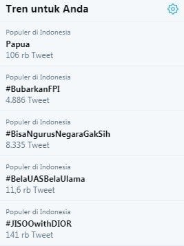 Papua dan topik BelaUASBelaUlama menjadi dua topik yang ramai dibahas di Twitter Indonesia pada Senin (19/8/2019). [Twitter/Suara.com]