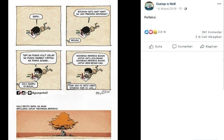 Komik strip kritik aksi rasisme di Papua. (Facebook/Gump n Hell)