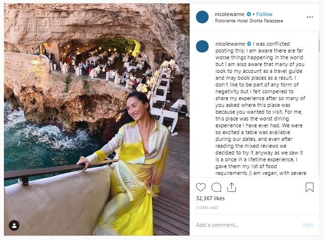 Influencer Kritik Restoran Italia Terkenal (instagram.com/nicolewarne)