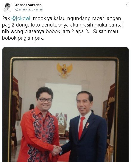 Cuitan Ananda Sukarlan setelah diajak rapat Jokowi. (Twitter/@anandasukarlan)