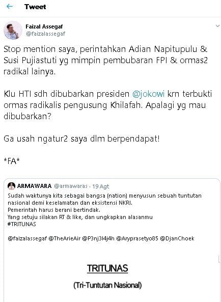 Cuitan Faizal Assegaf soal gerakan bela NKRI. (Twitter/@faizalassegaf)