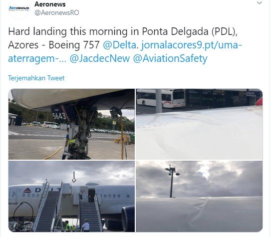 Badan pesawat Delta Airlines bengkok usai mendarat. (Twitter/AeronewsRO)
