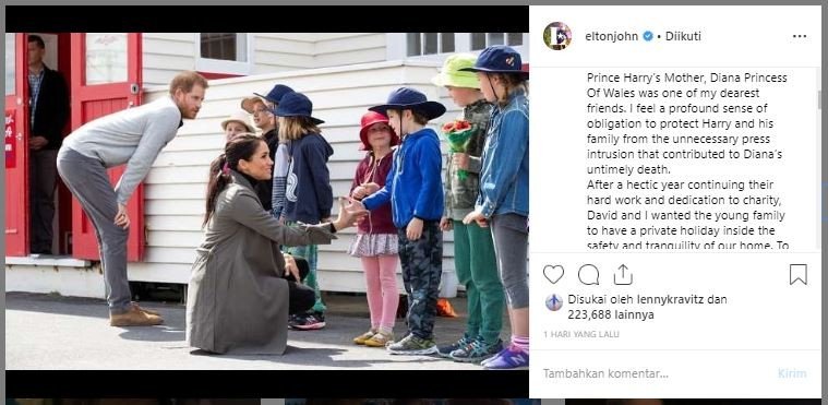 Unggahan Elton John tentang jet pribadi Pangeran Harry. (Instagram/@eltonjohn)