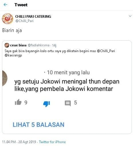 Cuitan Gibran soal doa buruk untuk Jokowi. (Twitter/@Chilli_Pari)