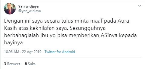 Permintaan maaf Yan Widjaya ke Aura Kasih. [Twitter]