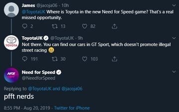 Cuitan Toyota yang mengungkao sebab mobil mereka tidak ditemukan di game Need for Speed. (Twitter/@jacoja06)