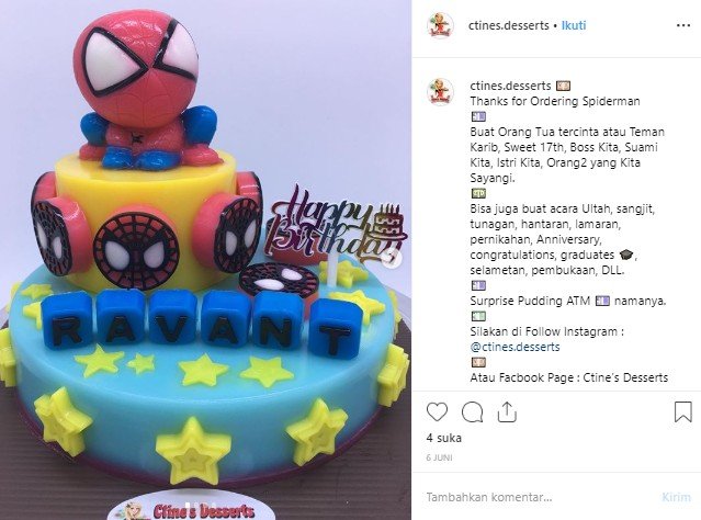 Kuliner bertema Spiderman. (Instagram/@ctines.dessert)