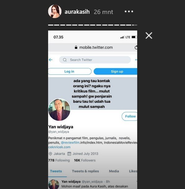 Aura Kasih tak terima dengan twit Yan Widjaya. [Instagram]