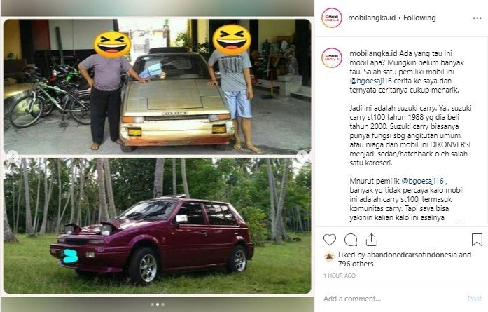 Suzuki Carry ST 100 Lansiran Tahun 1998 yang Diubah Wujudnya Menjadi Sebuah Mobil Sedan. (Instagram/mobilangka.id)