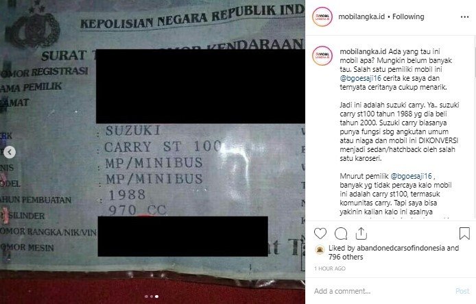 Suzuki Carry ST 100 Lansiran Tahun 1998 yang Diubah Wujudnya Menjadi Sebuah Mobil Sedan. (Instagram/mobilangka.id)