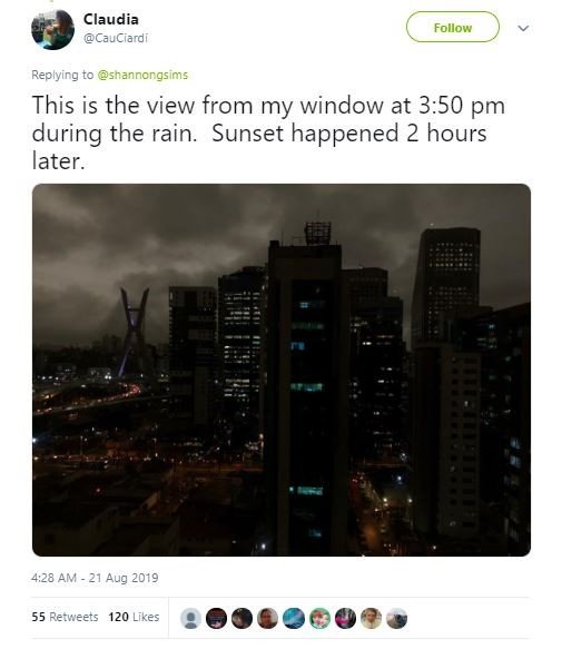 Langit gelap akibat abu Amazon di Sao Paulo, Brasil (twitter.com/CauCiardi)