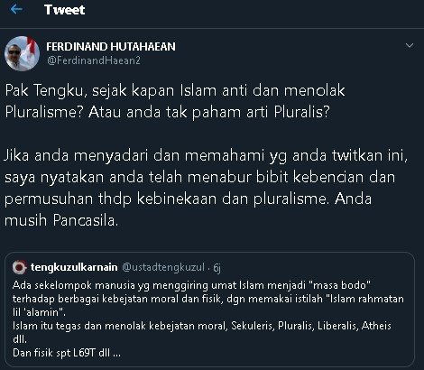 Cuitan Ferdinand sebagai tanggapan kicauan Tengku Zul. (Twitter/@FerdinandHaean2)