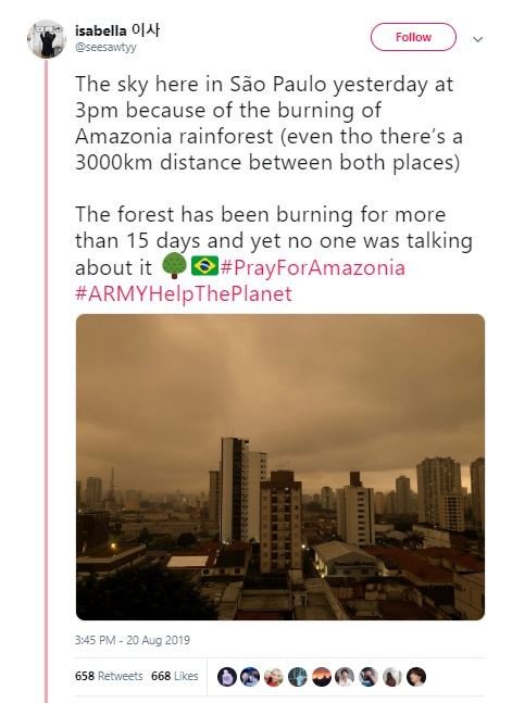 Langit gelap akibat abu Amazon di Sao Paulo, Brasil (twitter.com/seesawtyy)
