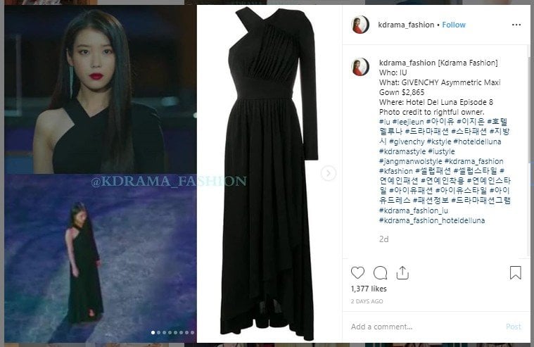 Gaun hitam IU di Hotel Del Luna. (Instagram/@kdrama_fashion)