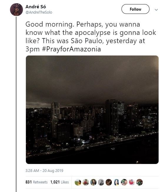 Langit gelap akibat abu Amazon di Sao Paulo, Brasil (twitter.com/AndreTheSolo)
