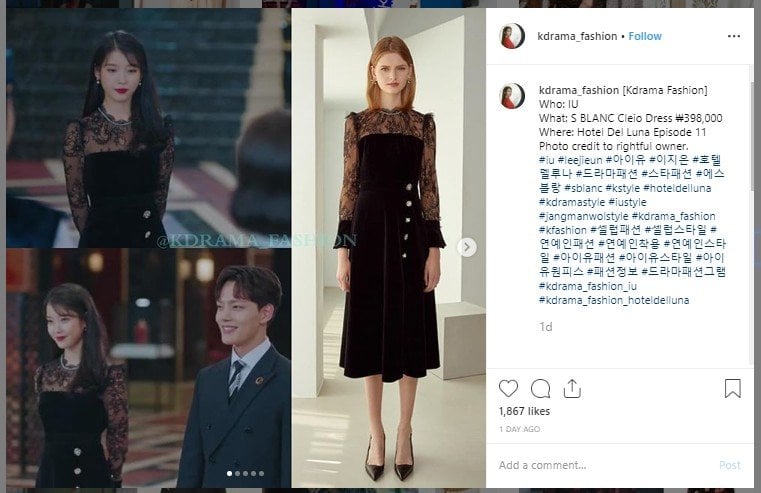 Gaun hitam IU di Hotel Del Luna. (Instagram/@kdrama_fashion)