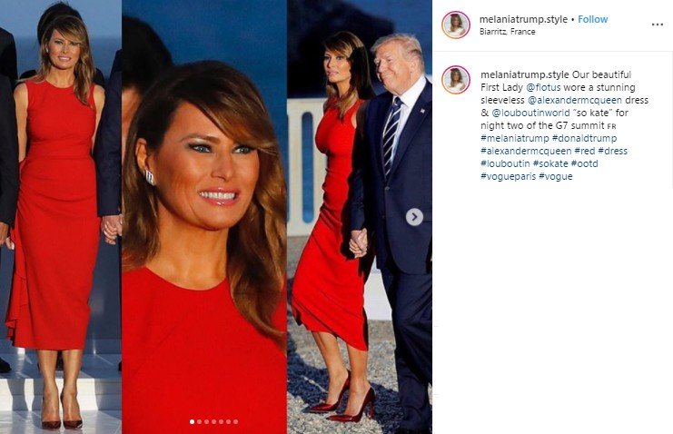 Melania Trump Memesona dengan Gaun Merah Merona. (Instagram/@melaniatrump.style)