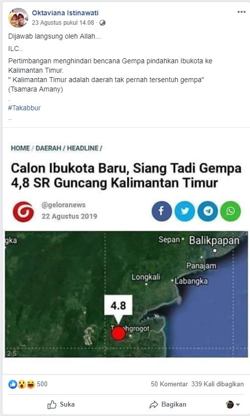 Tangkapan layar unggahan akun Oktaviana Istinawati di Facebook terkait kabar gempa 4,8 SR di wilayah Kaltim pada 22 Agustus 2019. [FB/captured]