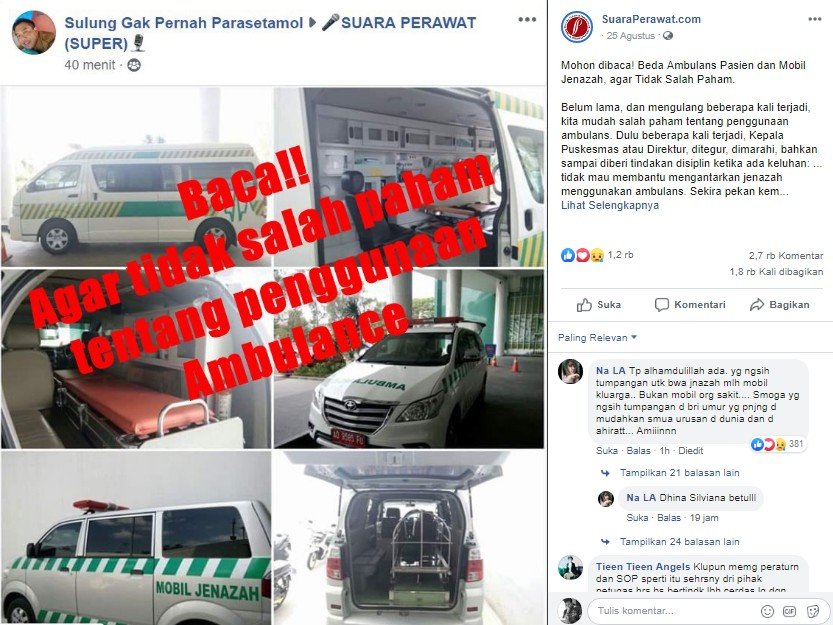 Polemik penggunaan ambulans untuk angkut jenazah. (Facebook/SuaraPerawat.com)