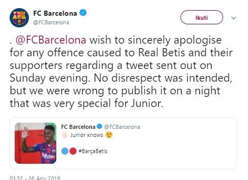 Permintaan maaf Barcelona atas cuitan kontroversial. (Twitter/@fcbarcelona).
