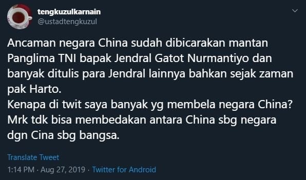 Kicauan Tengku Zulkarnain. (Twitter)