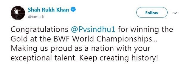 Cuitan raja Bollywood, Shah Rukh Khan, terkait prestasi Pusarla V. Sindhu yang menjuarai Kejuaraan Dunia Bulutangkis 2019. [Twitter/iamsrk]