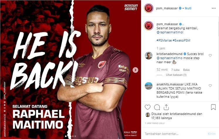 Raphael Maitimo resmi bergabung PSM Makassar. (Instagram/@psm_makassar).