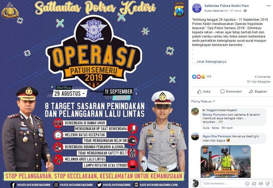 8 pelanggaran yang diincar di Operasi Patuh Semeru 2019. (Facebook/Satlantas Polres Kediri)