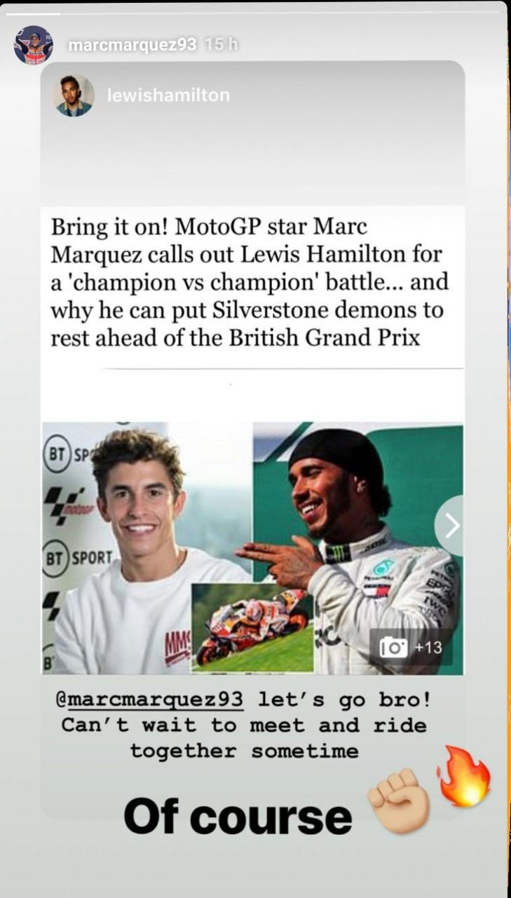 Marc Marquez menantang Lewis Hamilton untuk balapan. (Instagram/@marcmarquez93)