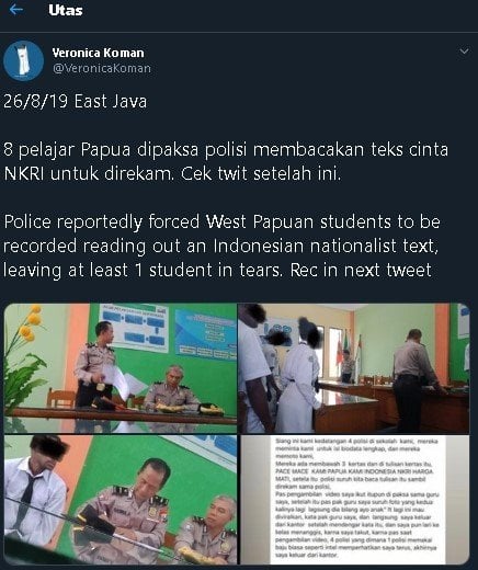 Pelajar Papua diduga dipaksa polisi baca surat cinta NKRI. (Twitter)