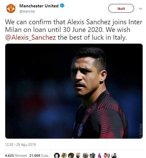 Manchester United umumkan kepindahan Alexis Sanchez. (Twitter/@ManUtd).