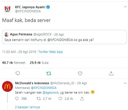 Begini Respon Kocak Admin KFC Ketika Ada Pelanggan Minta Menu McD. (Twitter/KFCINDONESIA)