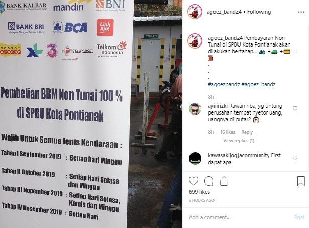 Pembelian BBM Non Tunai di Kota Pontianak. (Instagram/agoez_bandz4)