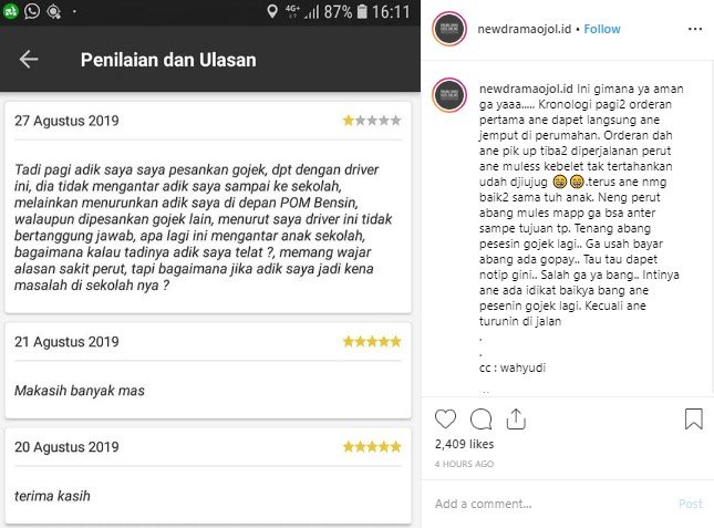 Ojol Dapat Bintang Satu karena Mulas. (Instagram/newdramaojol.id)