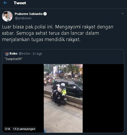 Prabowo tanggapi video viral polisi hadang penerobos jalur busway. (Twitter/@prabowo)