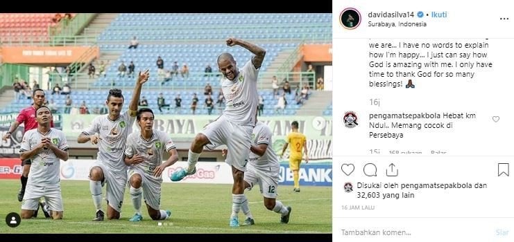 Unggahan David da Sillva usai mencetak gol perdana bersama Persebaya Surabaya. (Instagram/@daviddasilva14).